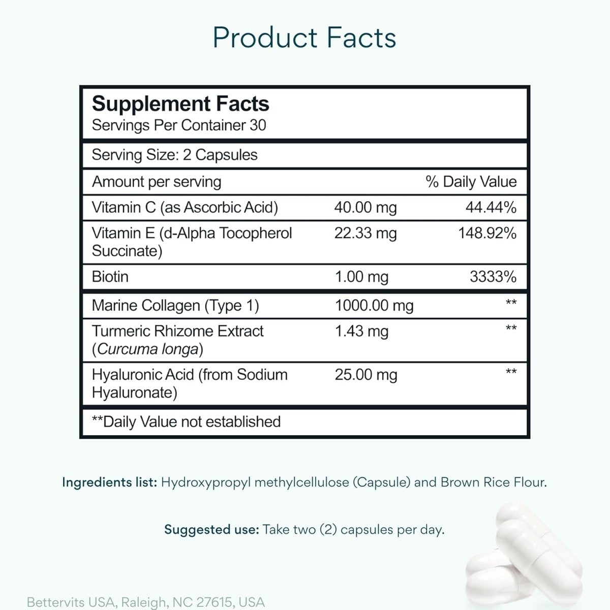 BetterVits Collagen Complex with Hyaluronic Acid & Turmeric 60 Capsules | Skin, Joint & Bone Support fragrance