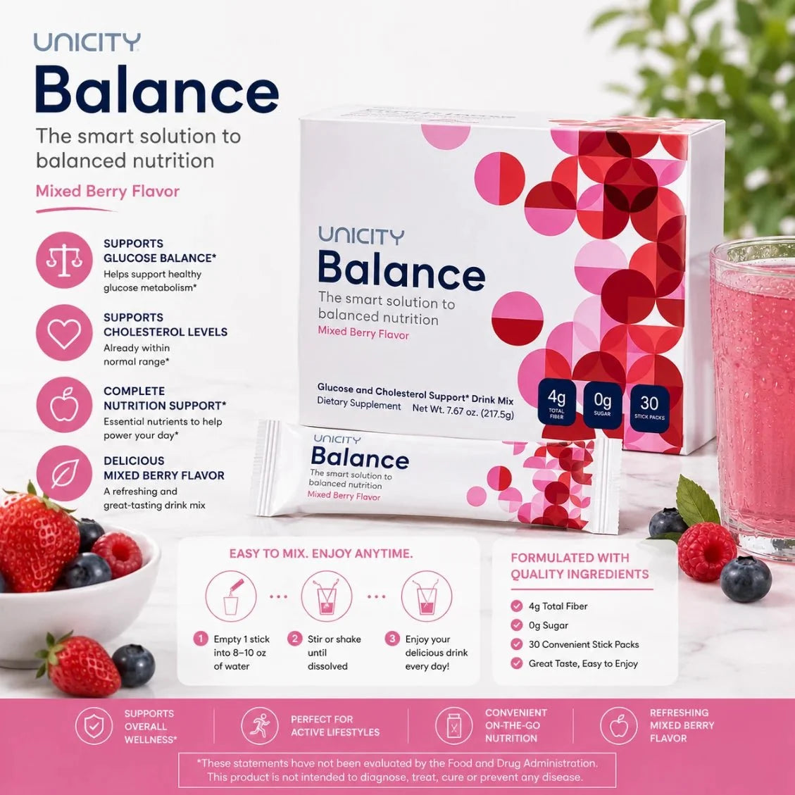 Unicity Balance Mixed Berry Drink Mix 30 Stick Packs | Daily Nutritional Drink Mix fragrance