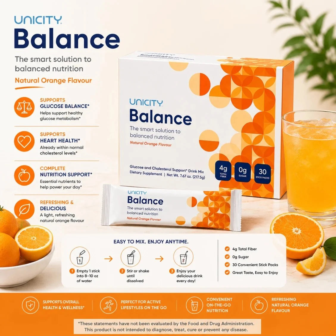 Unicity Balance Natural Orange Drink Mix 30 Stick Packs | Daily Nutritional Drink Mix fragrance
