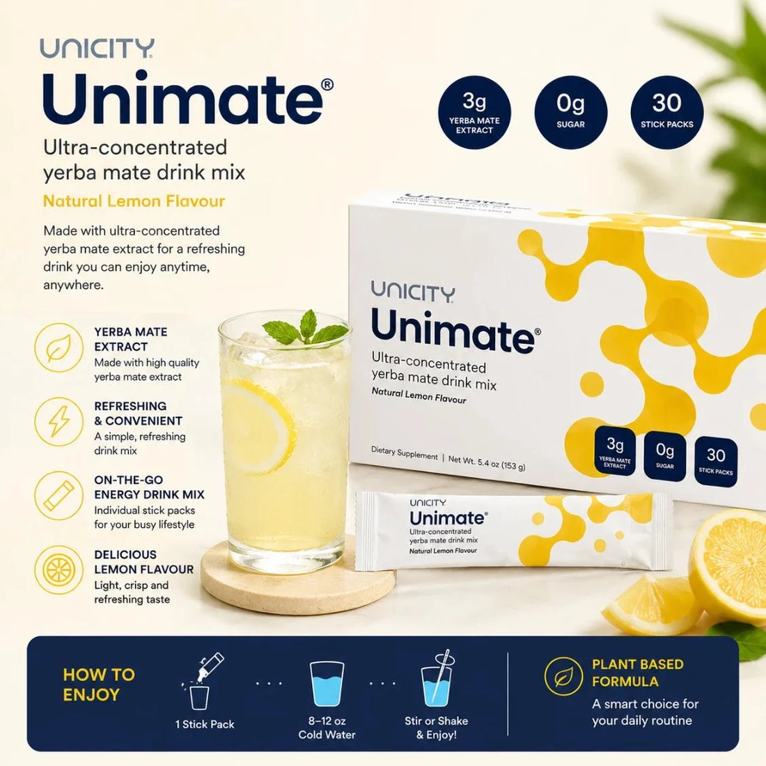Unicity Unimate Lemon Flavour Yerba Mate Energy Drink Mix 30 Stick Packs fragrance